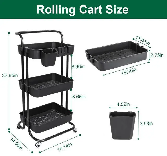 Alt view image 4 of 7 - 3 Tier Rolling Utility Cart Movable Storage Organizer w/ Baskets Lockable Wheels