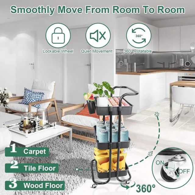 Alt view image 7 of 7 - 3 Tier Rolling Utility Cart Movable Storage Organizer w/ Baskets Lockable Wheels