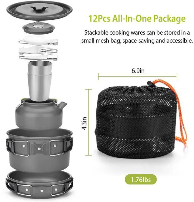 Alt view image 4 of 7 - 12-Piece Camping Cookware Set - Pots Pans & Cooking Tools for Outdoor Cooking