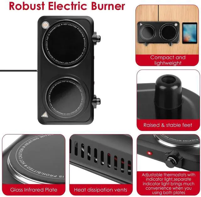 Alt view image 3 of 6 - Infrared Double Burner Electric Cooktop - 1800W Portable Stove for Dorm