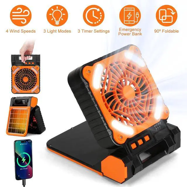Alt view image 2 of 7 - Solar Camping Fan W/ LED Lantern In Blue Rechargeable Battery Operated Fan