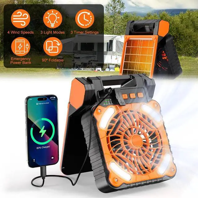 Alt view image 3 of 7 - Solar Camping Fan W/ LED Lantern In Blue Rechargeable Battery Operated Fan