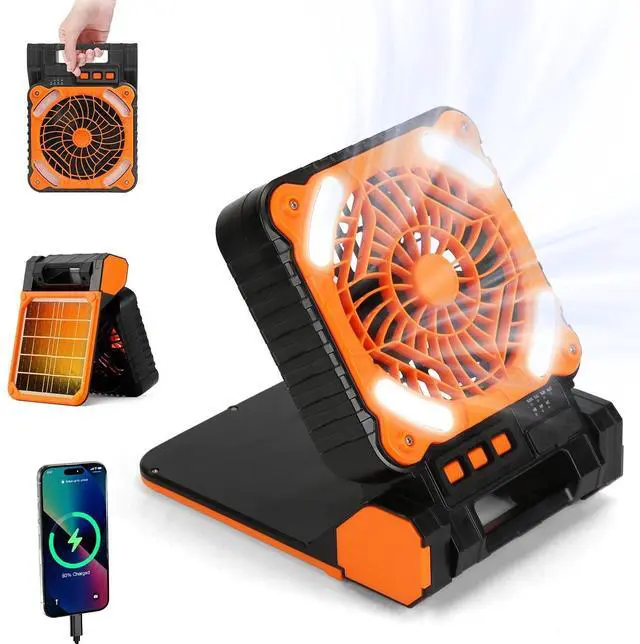 Main image of Solar Camping Fan W/ LED Lantern In Blue Rechargeable Battery Operated Fan
