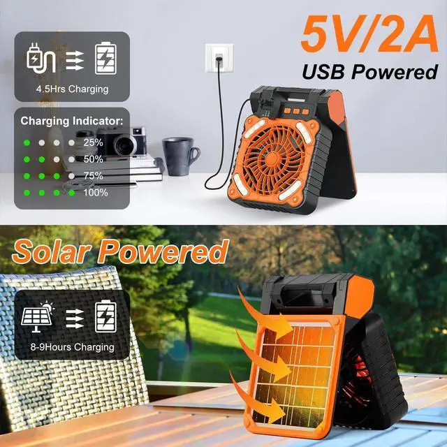 Alt view image 4 of 7 - Solar Camping Fan W/ LED Lantern In Blue Rechargeable Battery Operated Fan