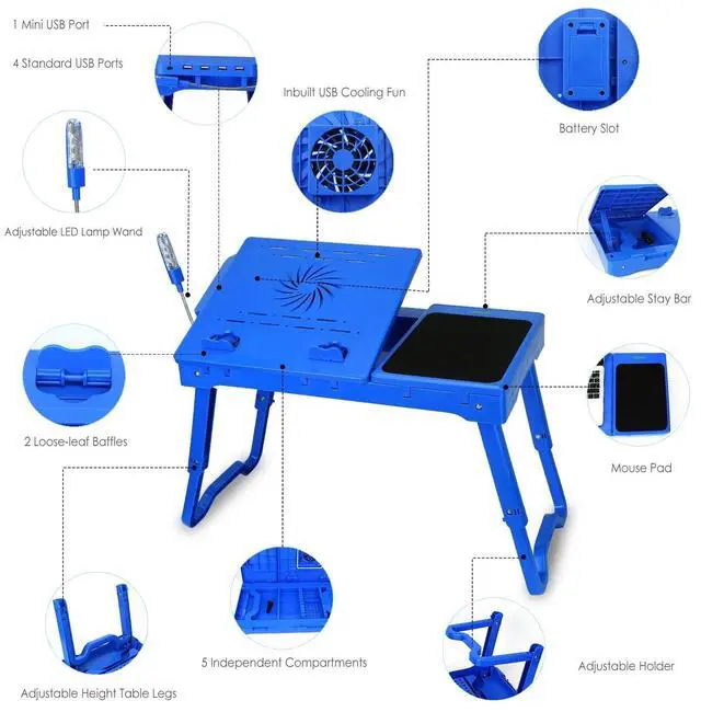 Alt view image 4 of 7 - Foldable Laptop Table Bed Notebook Desk w/Cooling Fan Mouse Board LED light