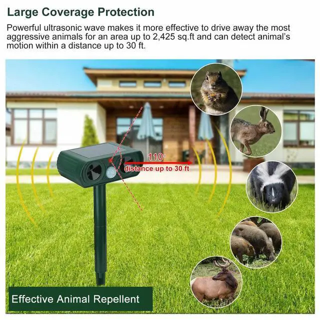 Alt view image 3 of 7 - Ultrasonic Animal Repeller Solar Motion Activated Critter Repellent Farm Garden