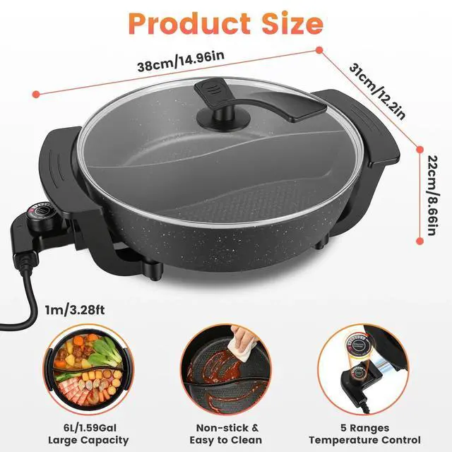 Alt view image 6 of 7 - 6L Electric Hot Pot w/ Divider Dual Flavor Nonstick Shabu Pot for Family Meals