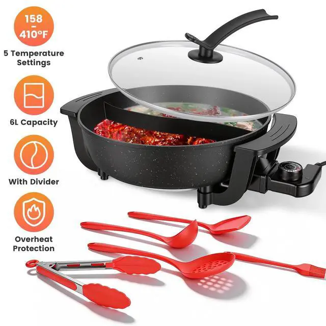 Alt view image 2 of 7 - 6L Electric Hot Pot w/ Divider Dual Flavor Nonstick Shabu Pot for Family Meals