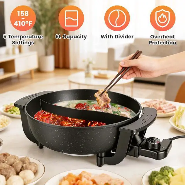 Alt view image 5 of 7 - 6L Electric Hot Pot w/ Divider Dual Flavor Nonstick Shabu Pot for Family Meals