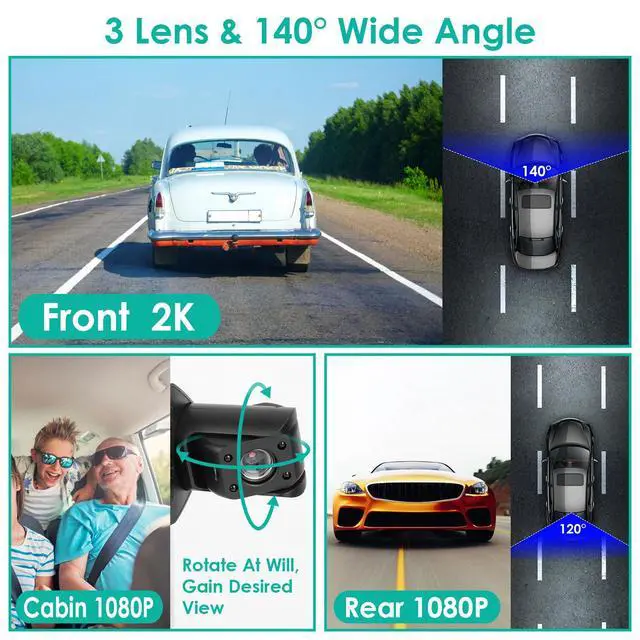 Alt view image 3 of 7 - 3-Channel GPS Dash Cam | 2K WiFi Car Camera with Front 140° Wide Angle