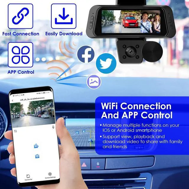 Alt view image 6 of 7 - 1080P FHD Dash Cam With 3 ChannelsWiFi Dash Cam 170° Wide Angle Motion Detection