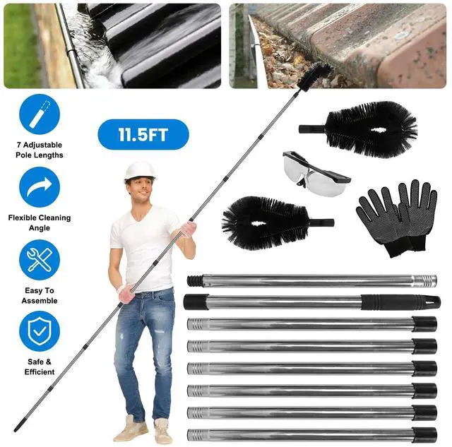 Alt view image 2 of 7 - Telescoping Gutter Cleaning Tool w/ 2 Angled Brushes &Goggles Convenient Gutter
