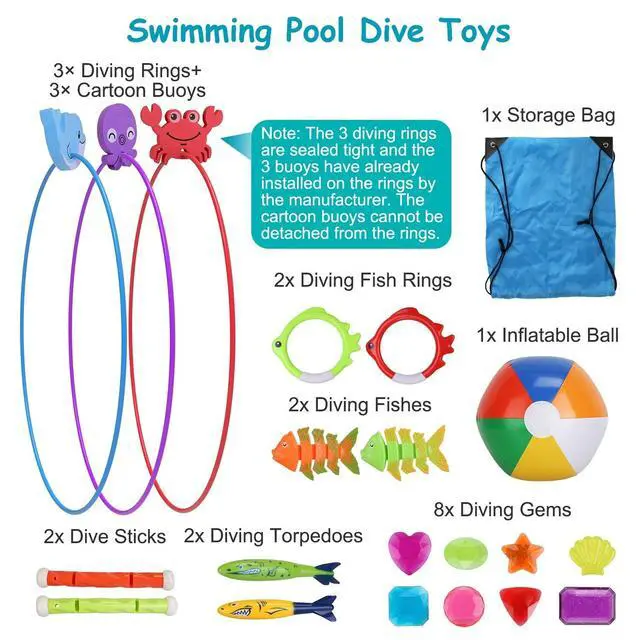 Alt view image 4 of 7 - 22 Pcs Diving Pool Toys for Kids Ages 3+ Set with Diving Swim Thru Rings