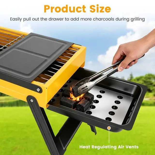 Alt view image 6 of 7 - Portable Folding Charcoal Grill Stainless Steel Camping BBQ Grill w/ Side Panels