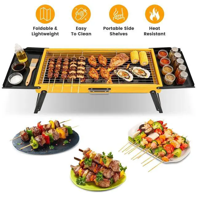 Alt view image 5 of 7 - Portable Folding Charcoal Grill Stainless Steel Camping BBQ Grill w/ Side Panels