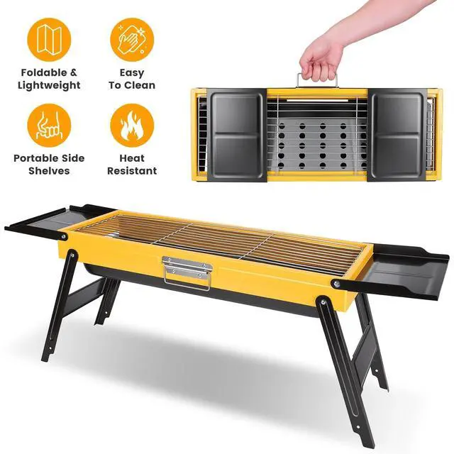 Alt view image 4 of 7 - Portable Folding Charcoal Grill Stainless Steel Camping BBQ Grill w/ Side Panels