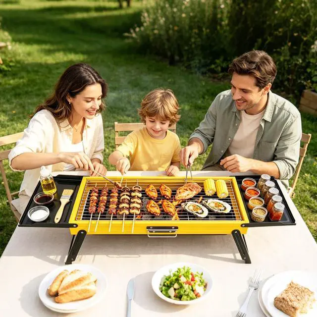 Alt view image 3 of 7 - Portable Folding Charcoal Grill Stainless Steel Camping BBQ Grill w/ Side Panels