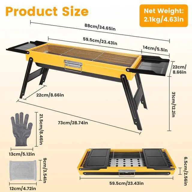 Alt view image 7 of 7 - Portable Folding Charcoal Grill Stainless Steel Camping BBQ Grill w/ Side Panels