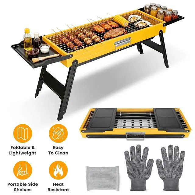 Alt view image 2 of 7 - Portable Folding Charcoal Grill Stainless Steel Camping BBQ Grill w/ Side Panels