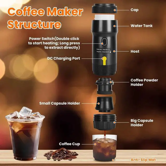 Alt view image 6 of 7 - Portable Electric Espresso Machine Cordless Coffee Maker Self-Heating Car