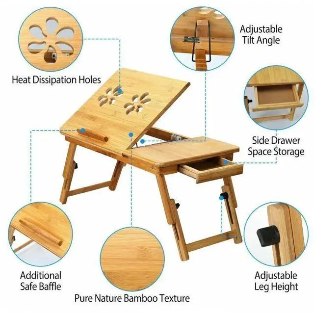Alt view image 6 of 7 - Adjustable Bamboo Laptop Folding Lap Desk Notebook Bed Tray Table Portable Stand
