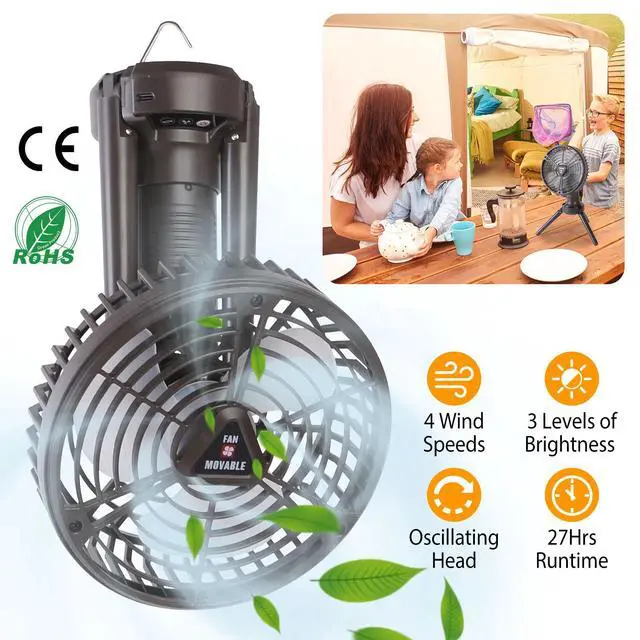 Alt view image 2 of 7 - 10400mah Camping Fan with LED Light Rechargeable Tripod Tent Hanging Fan 3 Modes
