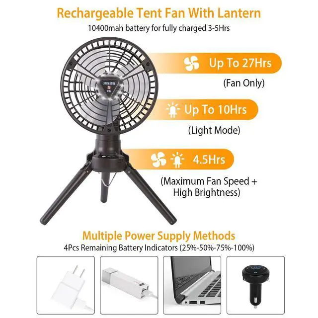 Alt view image 4 of 7 - 10400mah Camping Fan with LED Light Rechargeable Tripod Tent Hanging Fan 3 Modes