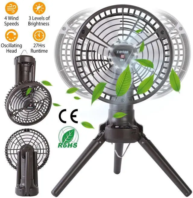 Main image of 10400mah Camping Fan with LED Light Rechargeable Tripod Tent Hanging Fan 3 Modes