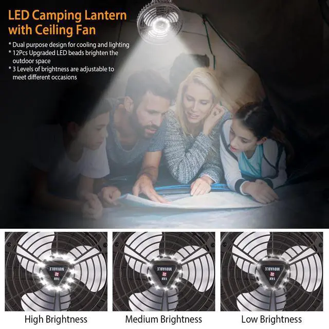 Alt view image 5 of 7 - 10400mah Camping Fan with LED Light Rechargeable Tripod Tent Hanging Fan 3 Modes
