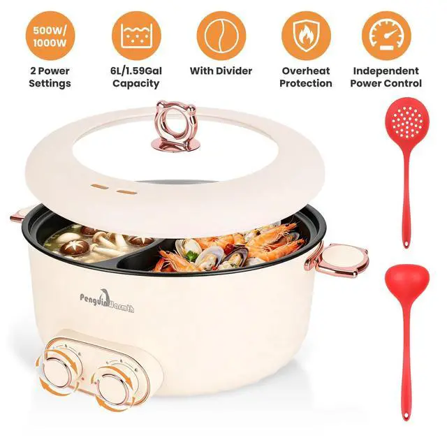 Alt view image 2 of 7 - 6L/1.59Gal Electric Hot Pot with Divider and Lid with Ladle & Slotted Spoon