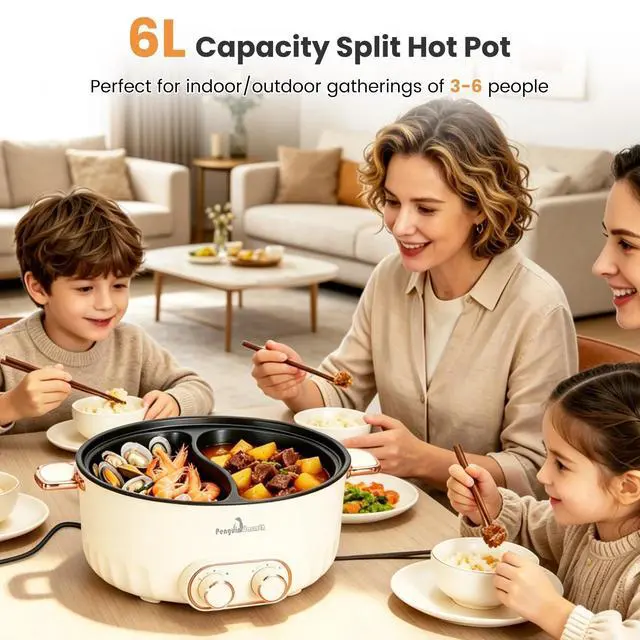 Alt view image 3 of 7 - 6L/1.59Gal Electric Hot Pot with Divider and Lid with Ladle & Slotted Spoon
