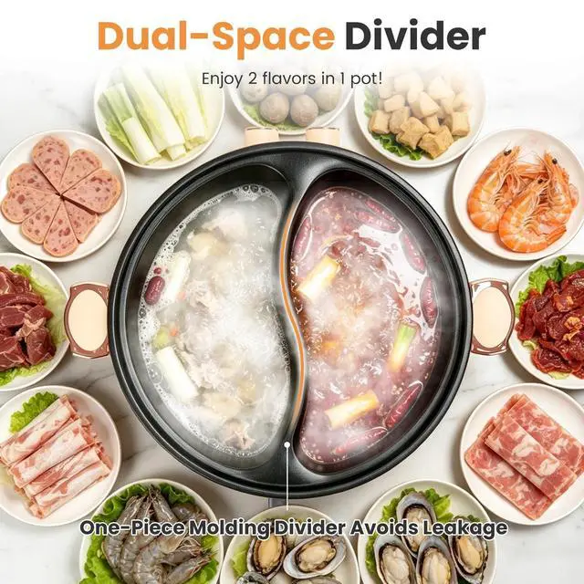 Alt view image 5 of 7 - 6L/1.59Gal Electric Hot Pot with Divider and Lid with Ladle & Slotted Spoon