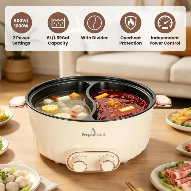Alt view image 6 of 7 - 6L/1.59Gal Electric Hot Pot with Divider and Lid with Ladle & Slotted Spoon
