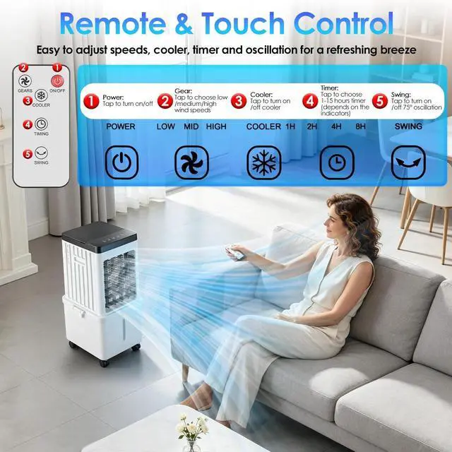 Alt view image 3 of 7 - Air Cooler Fan 12L Evaporative Air Conditioner w/ 3-Speed Dual Water Tank Touch