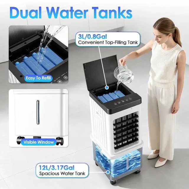 Alt view image 6 of 7 - Air Cooler Fan 12L Evaporative Air Conditioner w/ 3-Speed Dual Water Tank Touch