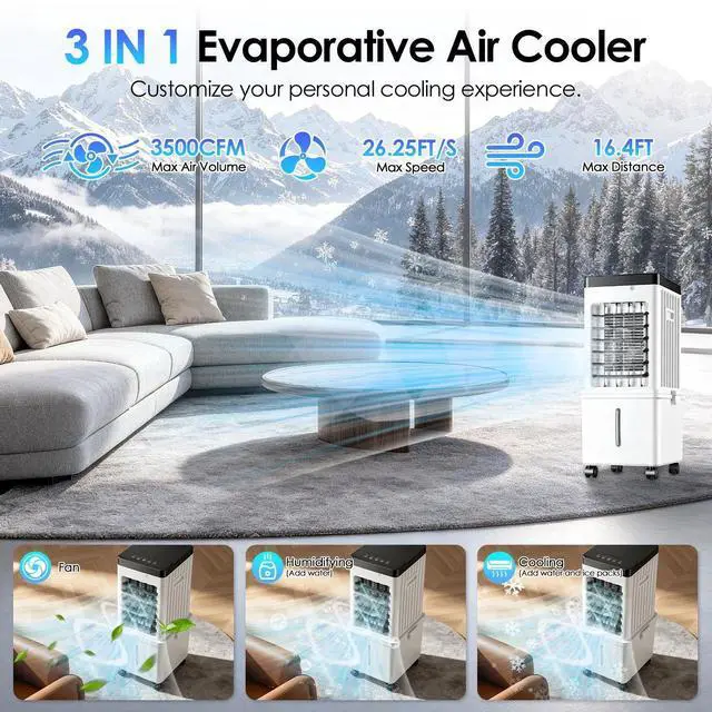 Alt view image 2 of 7 - Air Cooler Fan 12L Evaporative Air Conditioner w/ 3-Speed Dual Water Tank Touch