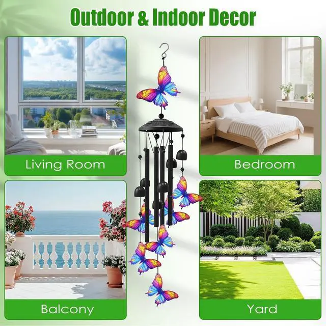 Alt view image 7 of 7 - Large Butterfly Wind Chimes Outdoor Garden Decor Black Aluminum Tubes Hanging