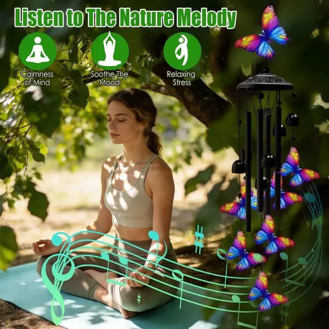Alt view image 3 of 7 - Large Butterfly Wind Chimes Outdoor Garden Decor Black Aluminum Tubes Hanging