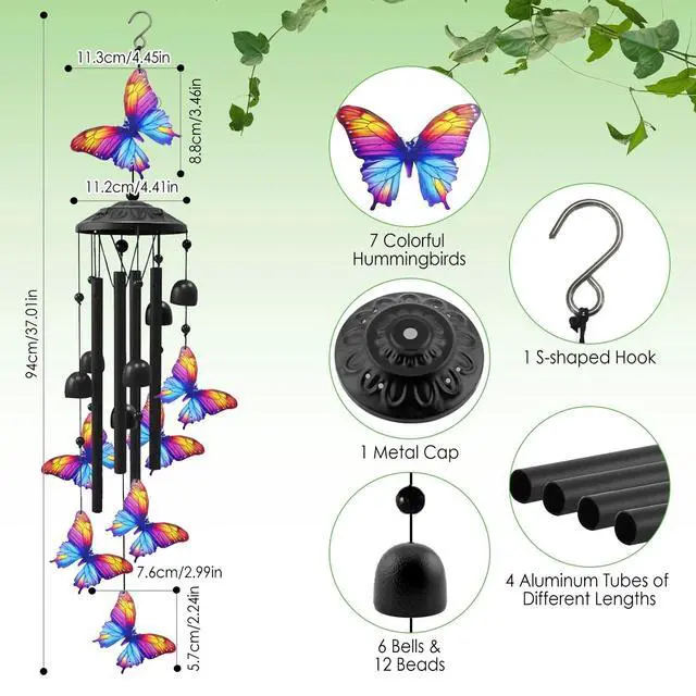 Alt view image 2 of 7 - Large Butterfly Wind Chimes Outdoor Garden Decor Black Aluminum Tubes Hanging