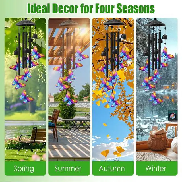 Alt view image 5 of 7 - Large Butterfly Wind Chimes Outdoor Garden Decor Black Aluminum Tubes Hanging