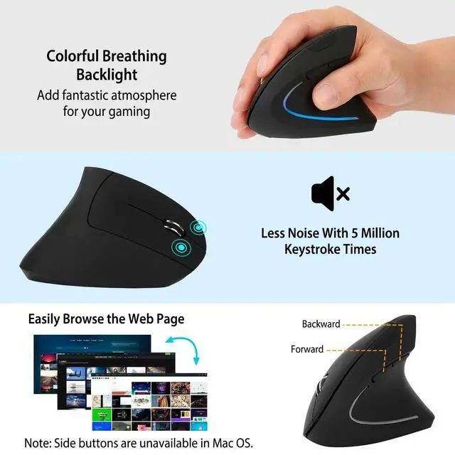 Alt view image 4 of 7 - Vertical Wireless Mouse Rechargeable 2.4G USB Optical 800/1200/1600 Levels