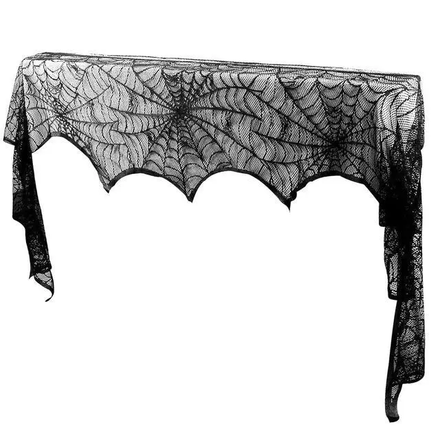 Alt view image 7 of 7 - Elegant Black Lace Spiderweb Fireplace Mantle Scarf Cover for Halloween