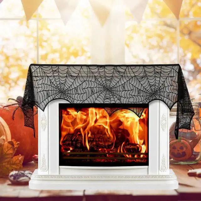 Alt view image 2 of 7 - Elegant Black Lace Spiderweb Fireplace Mantle Scarf Cover for Halloween