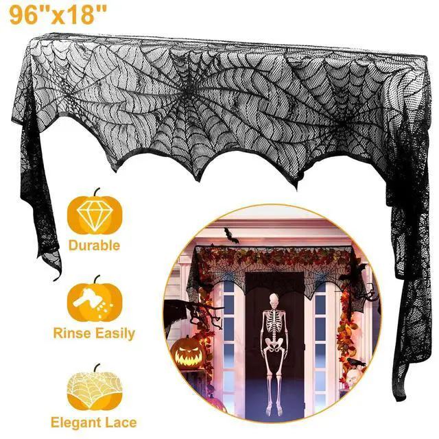 Main image of Elegant Black Lace Spiderweb Fireplace Mantle Scarf Cover for Halloween