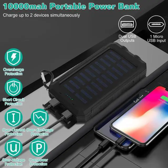 Alt view image 4 of 7 - Portable Solar Battery Charger Solar Power Bank w/ Lights Compass Camping Hiking