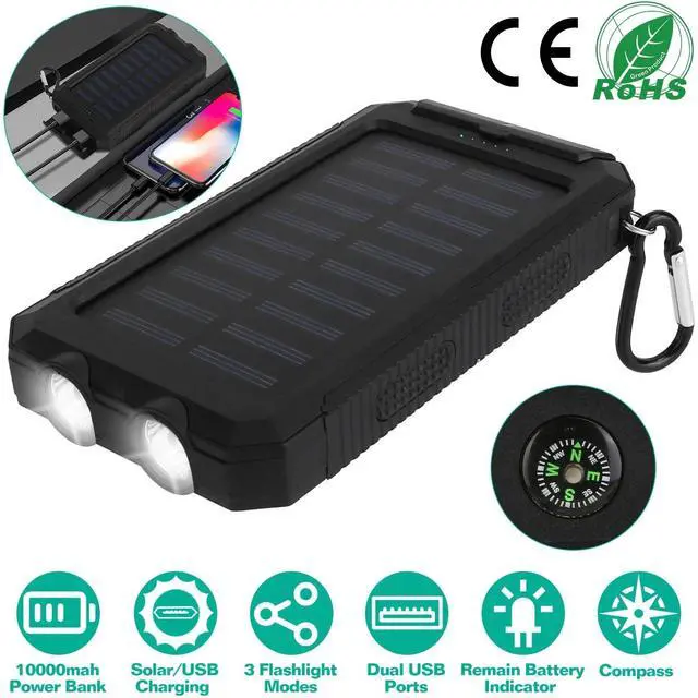 Alt view image 5 of 7 - Portable Solar Battery Charger Solar Power Bank w/ Lights Compass Camping Hiking
