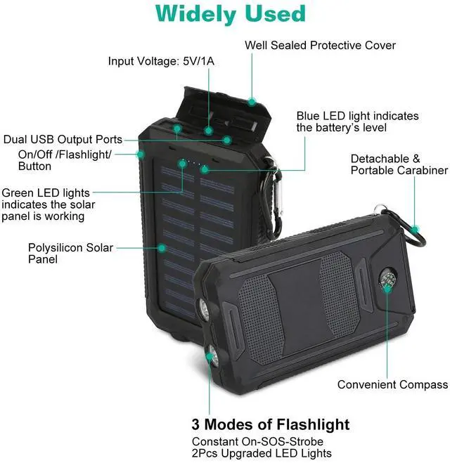 Main image of Portable Solar Battery Charger Solar Power Bank w/ Lights Compass Camping Hiking