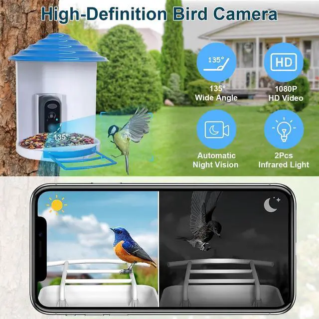 Alt view image 4 of 7 - Smart Bird Feeder w/ Solar Powered Camera 1080P HD AI Identify PIR Motion