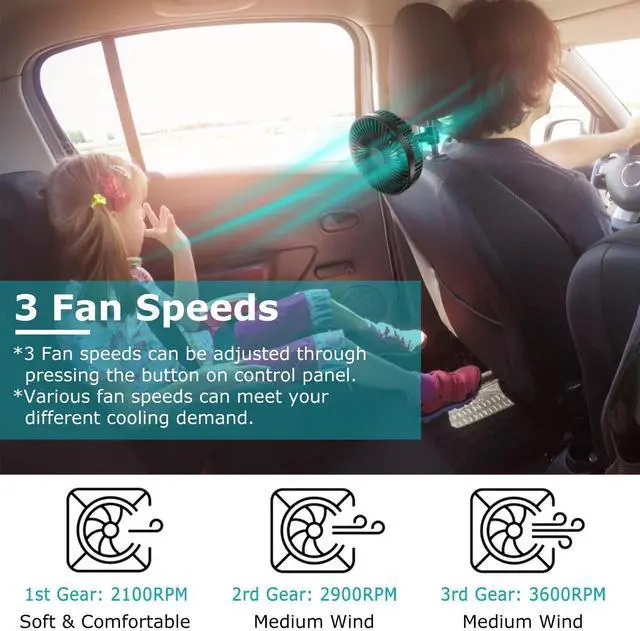 Alt view image 3 of 7 - Car Cooling Fan Vehicle Fan Backseat Clip Fan W/3 Speeds & 4.8FT Long Power Cord