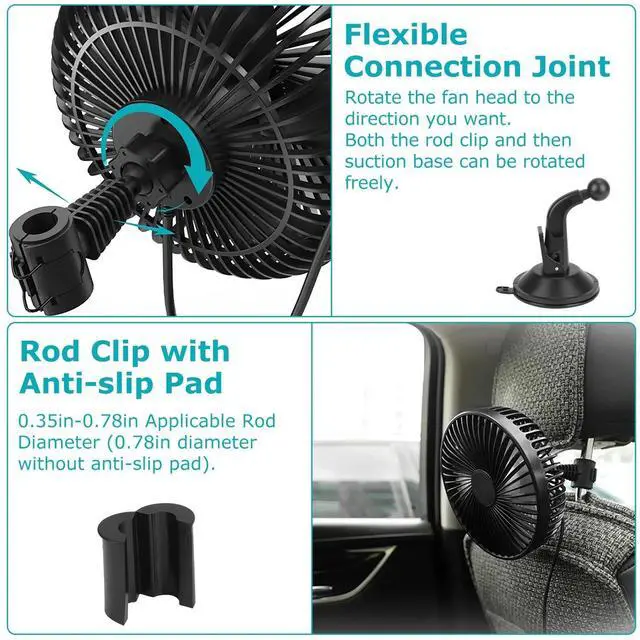 Alt view image 4 of 7 - Car Cooling Fan Vehicle Fan Backseat Clip Fan W/3 Speeds & 4.8FT Long Power Cord
